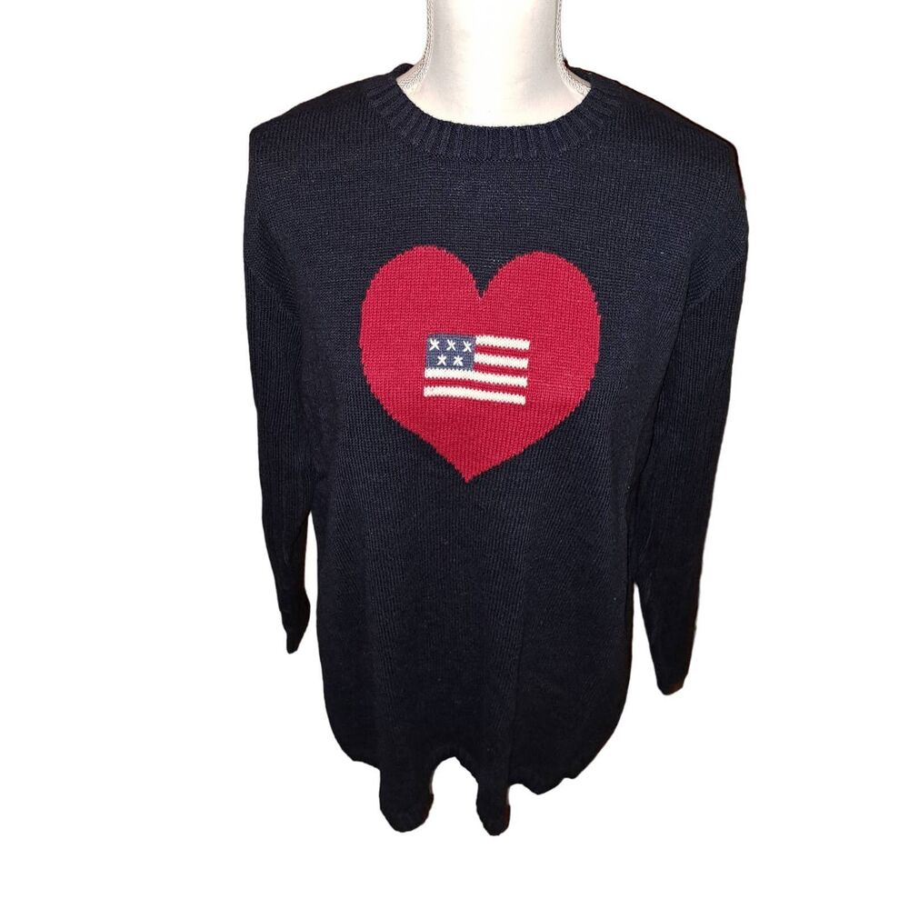 Large Quacker Factory Navy Blue Red Heart & Flag Sweater